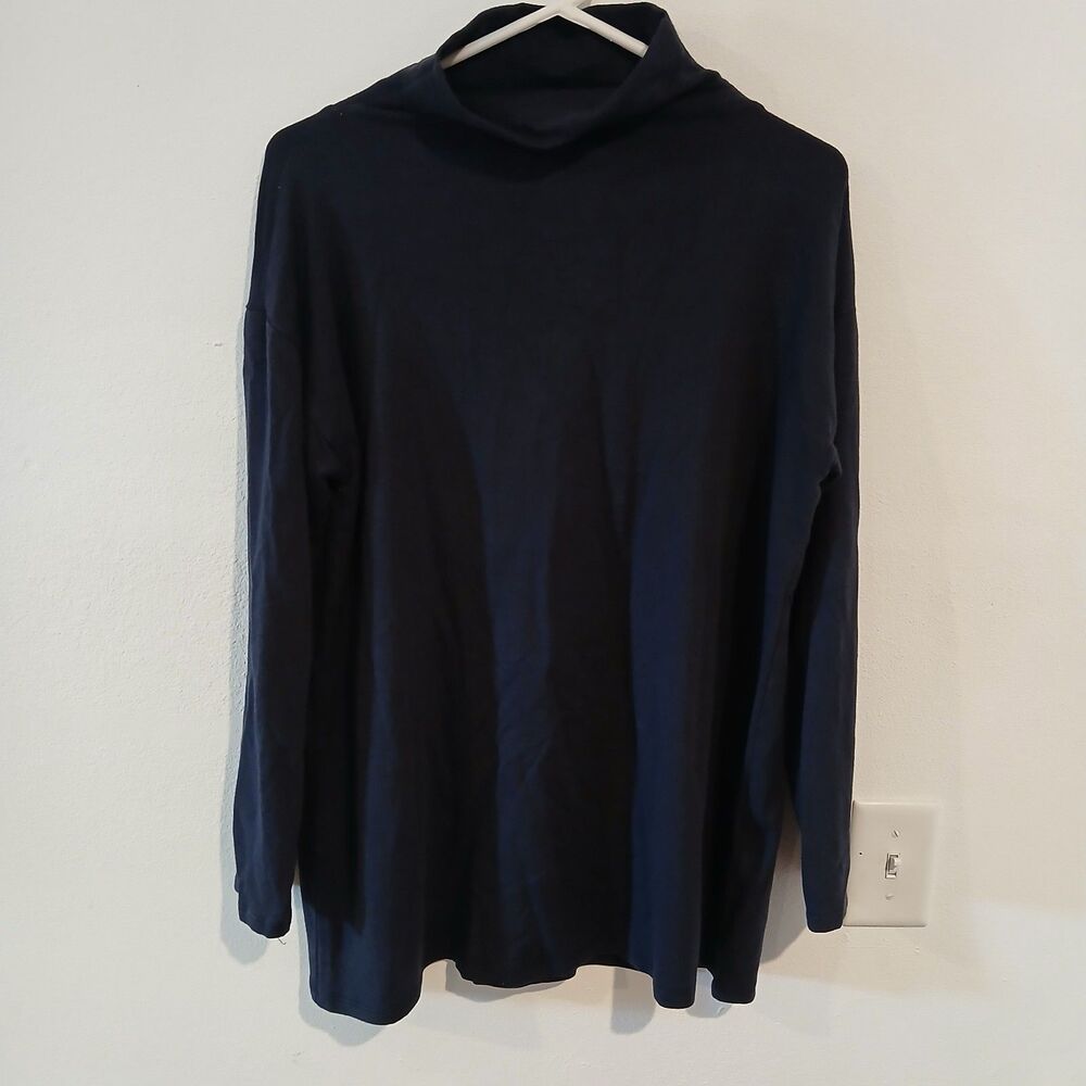 Eileen Fisher Blue Turtleneck Long Sleeve Oversized Top XXS Organic Cotton Blend
